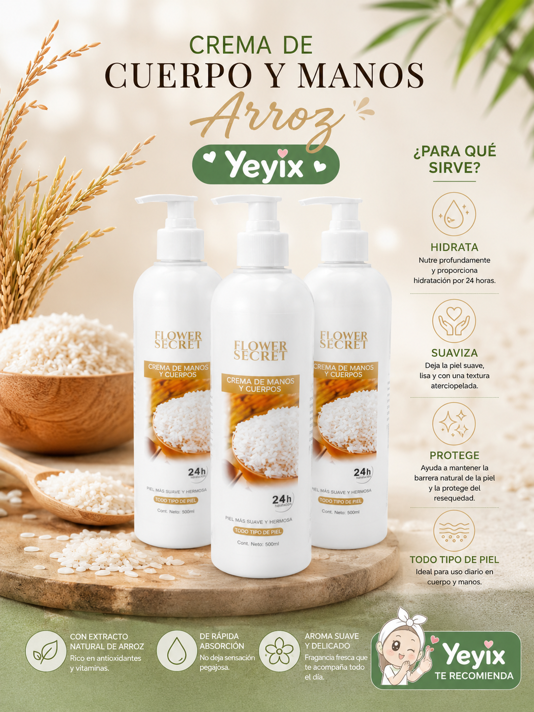 CREMA DE MANOS Y CUERPO DE ARROZ 500 ML