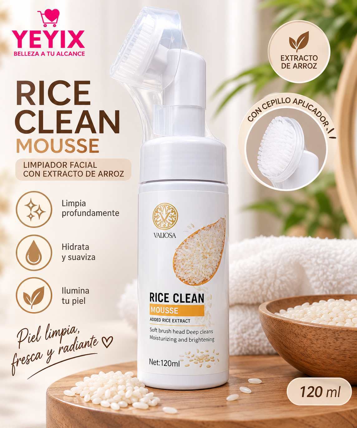 LIMPIADOR FACIAL EN MOUSSE DE ARROZ CON CEPILLO - 120ml.
